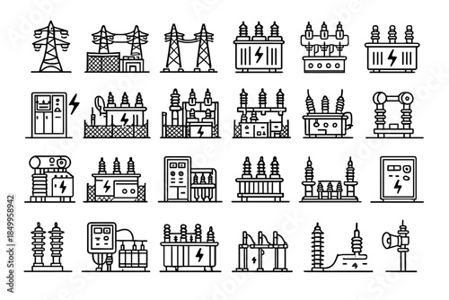 Collection of electrical substation and transformer icons