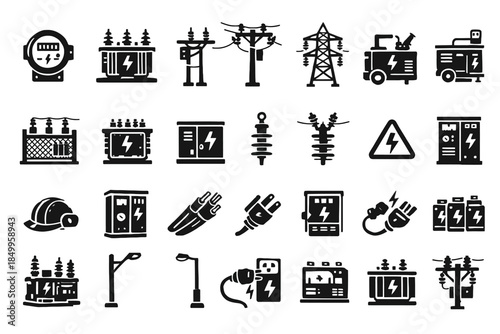 Collection of electrical power icons: transformers, cables, safety signs and more