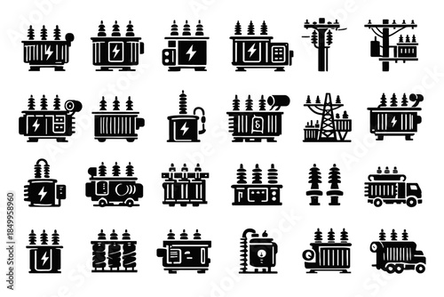 Set of various black silhouette electric transformers and utility poles icons