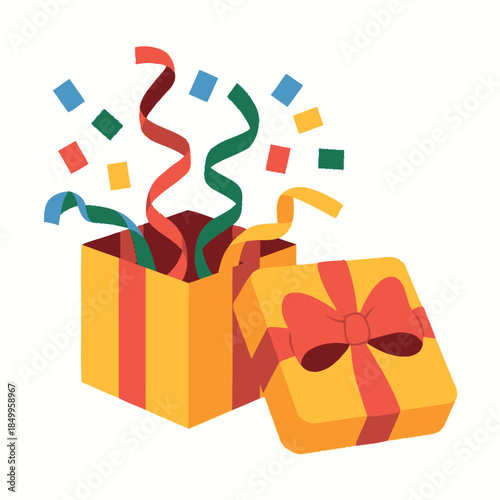 Brightly colored gift box opens to reveal festive streamers and confetti exploding upwards in a celebratory moment.