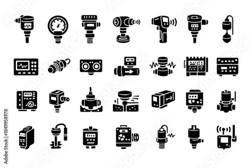 Various industrial sensor icons displaying measurement and detection devices