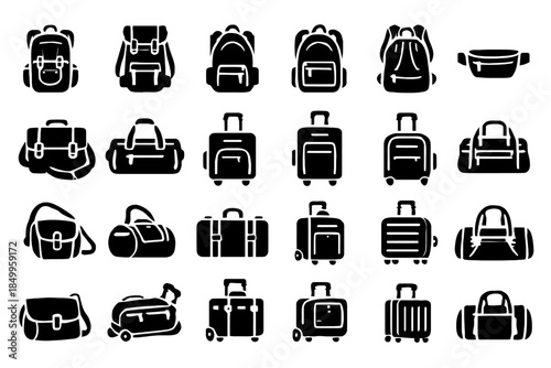 Collection of various backpack and luggage icons in black silhouette