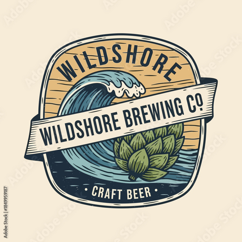 Wildshore Brewing Co Craft Beer Logo with Wave and Hops.