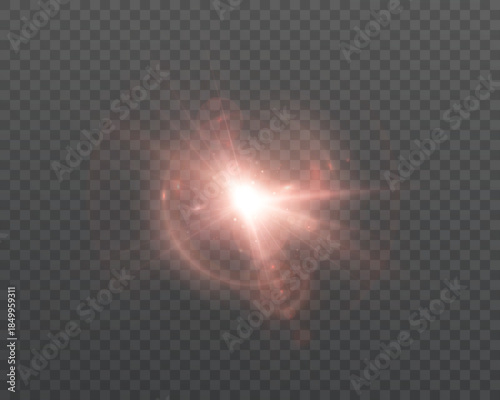 Golden burst of light with a bright central flare and diverging starry glow on a transparent background. for sun effects, explosions or energy overlays in digital design.
