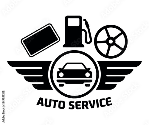 An auto service logo featuring a car, gas pump, license plate, and wheel with wings.