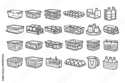 Collection of various food storage containers in line art style