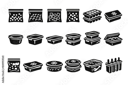 Assorted black and white food storage and container icons