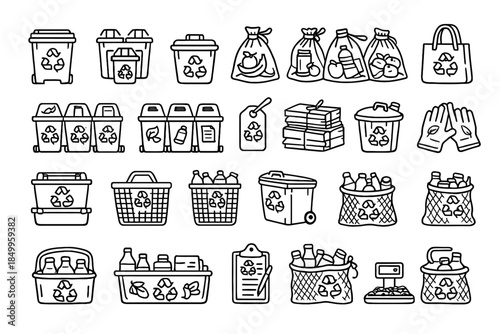 Recycling icons set: bins, bags, baskets, gloves, scales, and containers