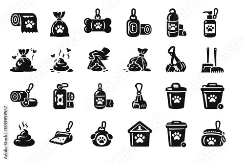 Pet waste cleanup tools and accessories collection in black icons