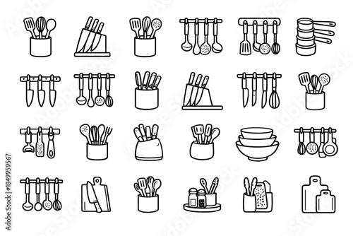 Line art kitchen utensils and accessories collection