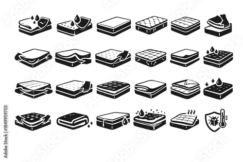 Mattress icons set illustrating waterproof, comfortable, and durable features