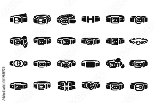 Variety of black silhouetted belt designs on white background