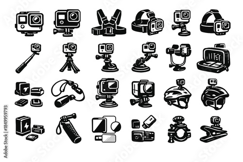 Diverse action camera icons: mounts, accessories, and gear in black and white