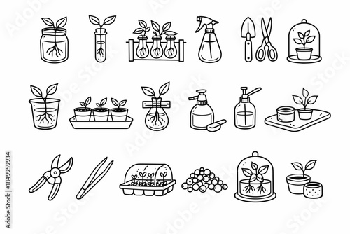 Gardening tools and plant propagation icons in line art style