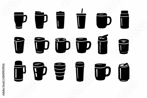 Collection of assorted black travel mugs and tumblers icons on white background