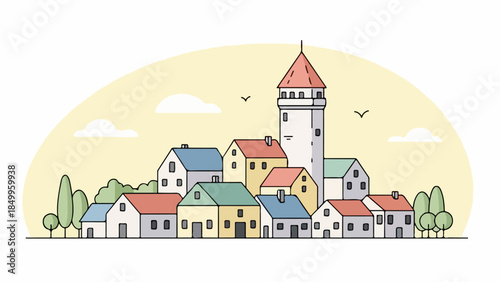 Minimalist line art illustration depicting a picturesque European village with pastel-colored houses and a central bell tower, evoking a quaint, cozy old-world atmosphere