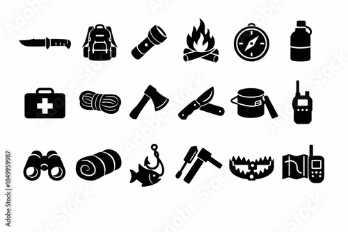 Camping essentials icons: knife, backpack, flashlight, campfire, compass, water bottle, first aid, rope, axe, pocket knife, cooking pot, radio, binoculars, sleeping bag, fishing hook, tools, trap, map