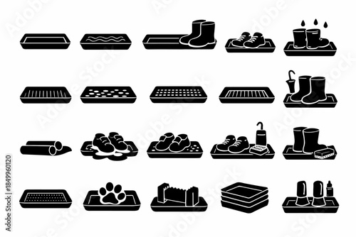 Set of black shoe tray icons featuring footwear and cleaning tools