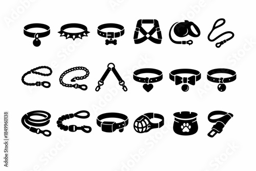 Silhouette collection of various dog collars and leashes in different styles and designs