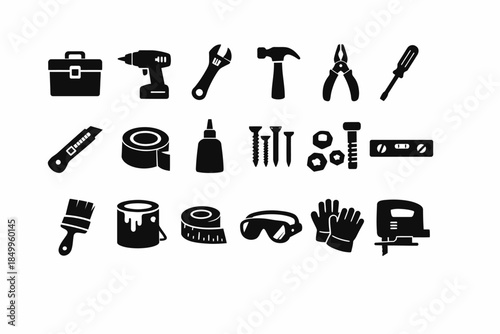 Assorted hand tools and accessories: drill, wrench, hammer, paintbrush, screws, tape