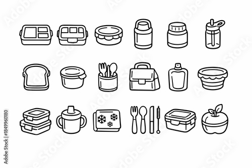 Line art: bento boxes, lunch accessories, and food containers collection