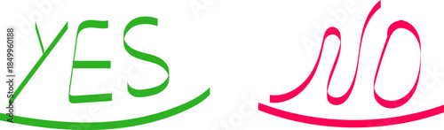 Handwritten green yes and red no words with underlines, hand-drawn calligraphy icons for choice, decision, voting, and feedback on white background