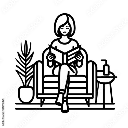 Woman reading a magazine, relaxed, in an armchair, with a plant and a side table
