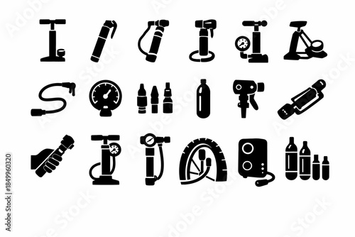 Set of bicycle pump icons: gauges, nozzles, and accessories in black silhouettes