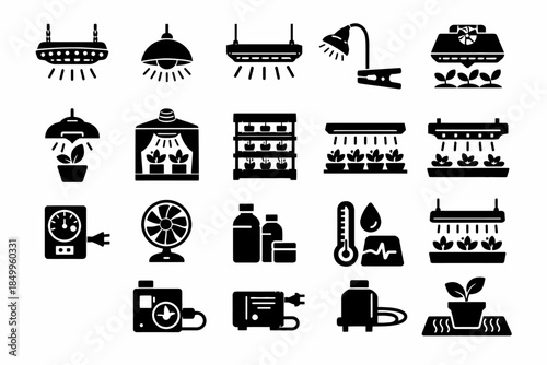 Indoor gardening icons: lights, watering, plant care symbols for hydroponics and greenhouses