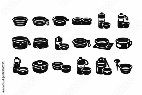 Variety of silhouette camping equipment: mugs, water bottles, cookware