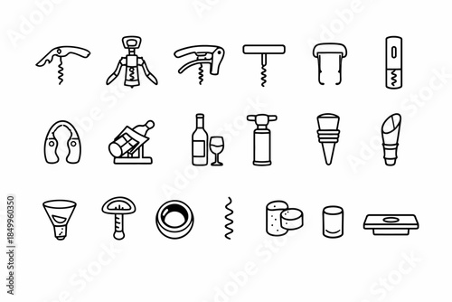Collection of wine bottle openers and accessories line icons