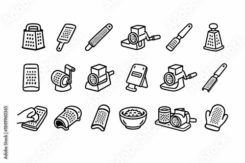 Collection of various cheese grater icons in black and white