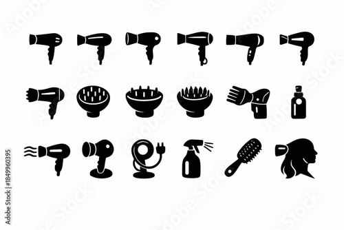 Haircare tools and accessories icons including hairdryer comb and spray bottle