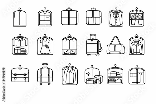 Set of minimalist travel packing icons featuring luggage and clothing organization