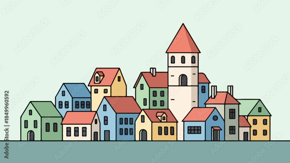 Naklejka premium Charming illustration of a colorful village with diverse buildings and a central church tower, depicting a serene community scene