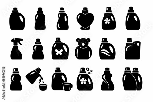 Set of various black silhouette laundry detergent bottles