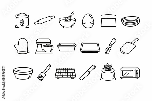 Collection of baking tools and ingredients icons for culinary design