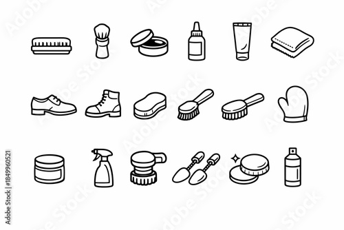 Black and white icons of shoe care items: brushes, polish, mitts, and creams