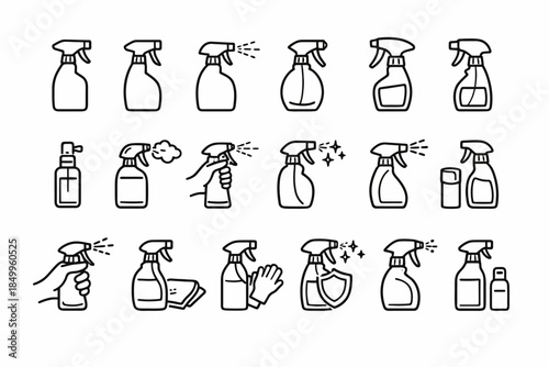 Set of line art cleaning spray bottles with various actions and accessories