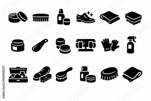 Shoe care icon set: polish, brush, cleaner, spray, kit illustrations