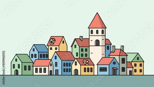Charming illustration of a colorful village with diverse buildings and a central church tower, depicting a serene community scene
