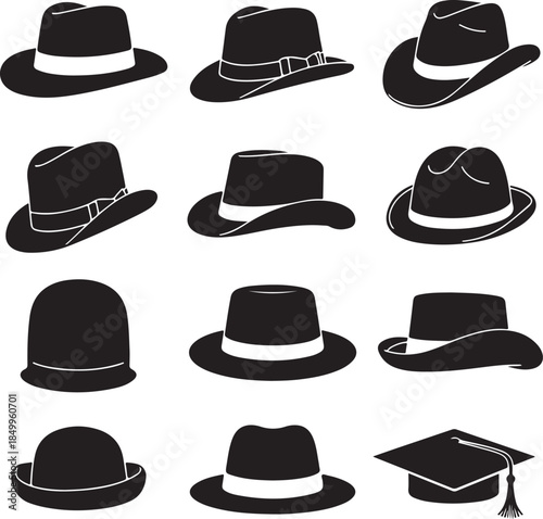 Collection of various vintage hat silhouettes and headwear icons