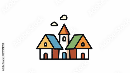 Charming illustration of a small village with colorful buildings and stylized clouds, perfect for travel or community themes
