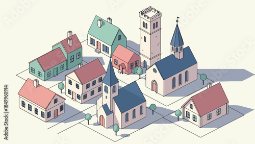 An isometric illustration of a quaint European village square with charming buildings and a tall clock tower