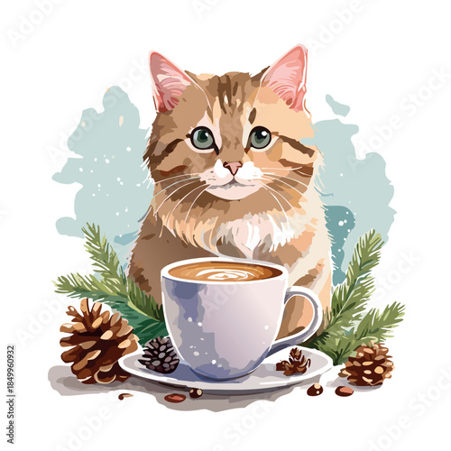 watercolor cat, christmas vibes, with hot coffee