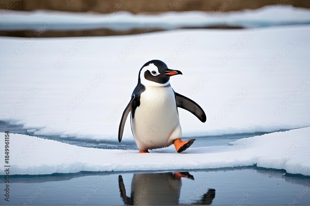 Obraz premium Gentoo penguin walking on ice in a polar setting, showcasing natural behavior in its habitat during daylight