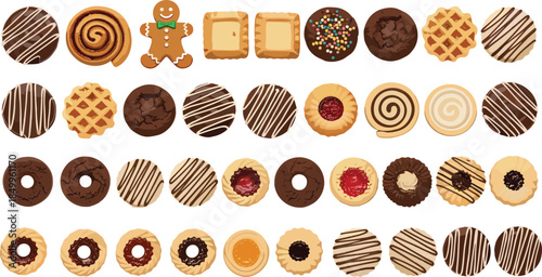 Cookie icon set, assorted baked goods, dessert symbols, sweet treat designs, chocolate jam swirl sketch, flat vector illustration