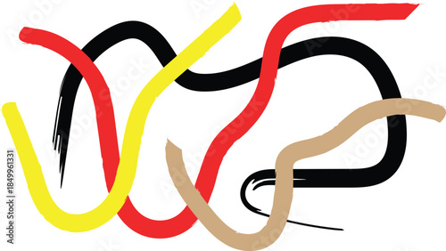 Vibrant abstract vector set featuring fluid brush strokes in red, yellow, black, and tan colors in transparent background.