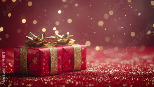 Wrapped gift box with golden bow and ribbon on a red background