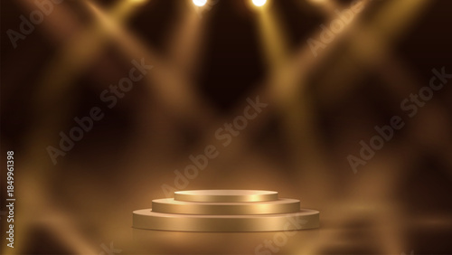 Gold stage podium with spotlights in dark studio for product showcase